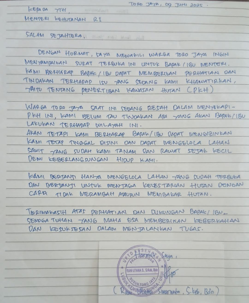 Bidan Toro Jaya Kirim Surat Terbuka ke Menteri Kehutanan, KOPARI Desak Pemerintah Tindak Tegas Mafia Sawit