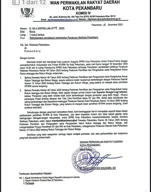 Gelombang Perlawanan Warga Menang! DPRD Pekanbaru Rekomendasikan Pembatalan Perwako RT/RW yang Dinilai Cacat Demokrasi
