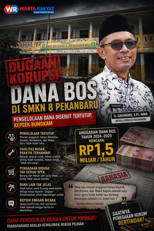 Dugaan Korupsi Dana BOS di SMKN 8 Pekanbaru: Rp1,5 Miliar per Tahun Dipertanyakan, Transparansi Gelap