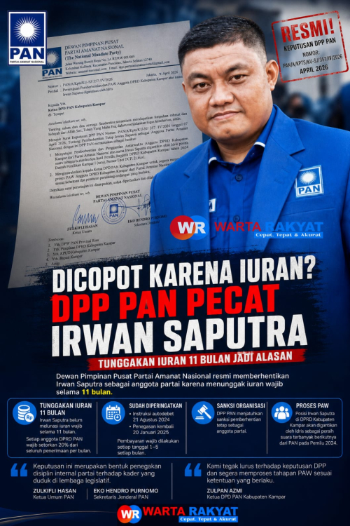DPP Partai Amanat Nasional Berhentikan Irwan Saputra, Tunggakan Iuran 11 Bulan Jadi Alasan