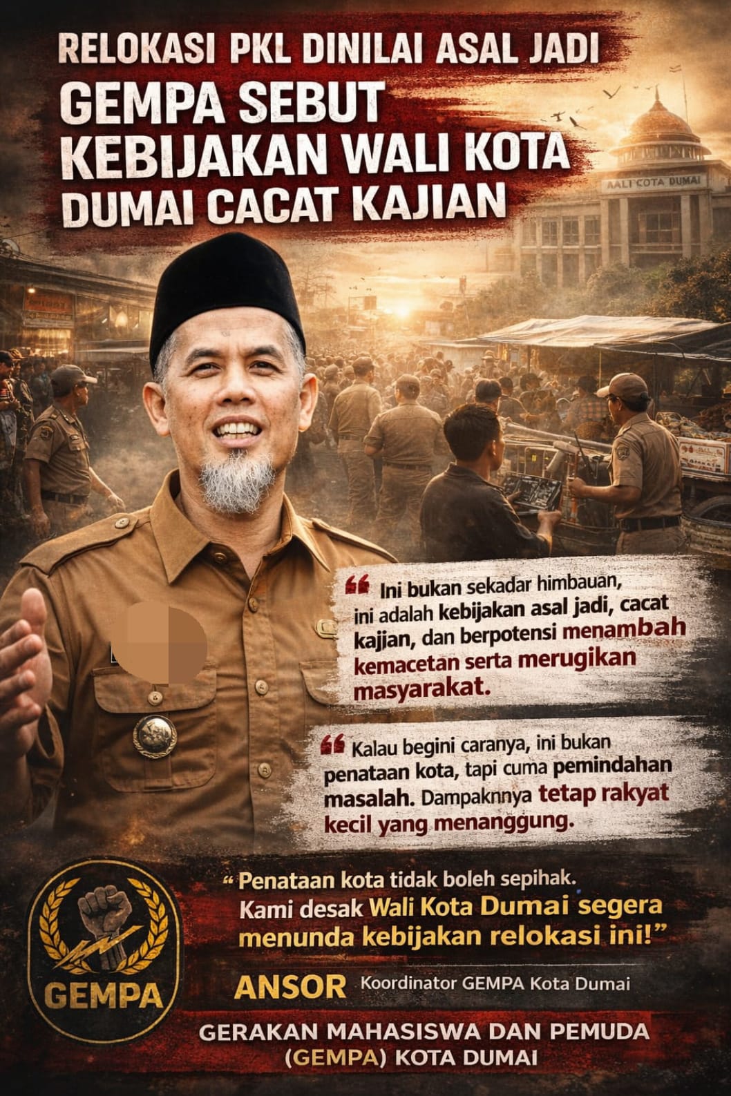 Relokasi PKL Dinilai Asal Jadi, GEMPA Sebut Kebijakan Wali Kota Dumai Cacat Kajian