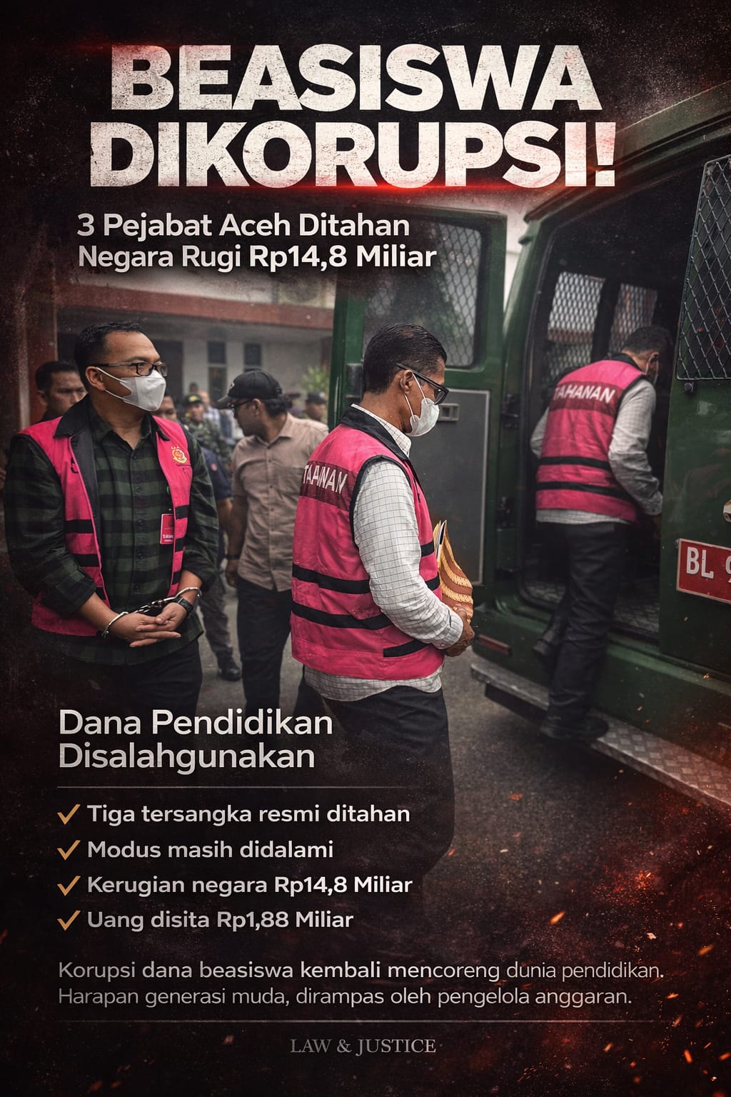 Dana Beasiswa Dibajak: Tiga Pejabat Aceh Dijebloskan ke Tahanan, Negara Rugi Rp14,8 Miliar