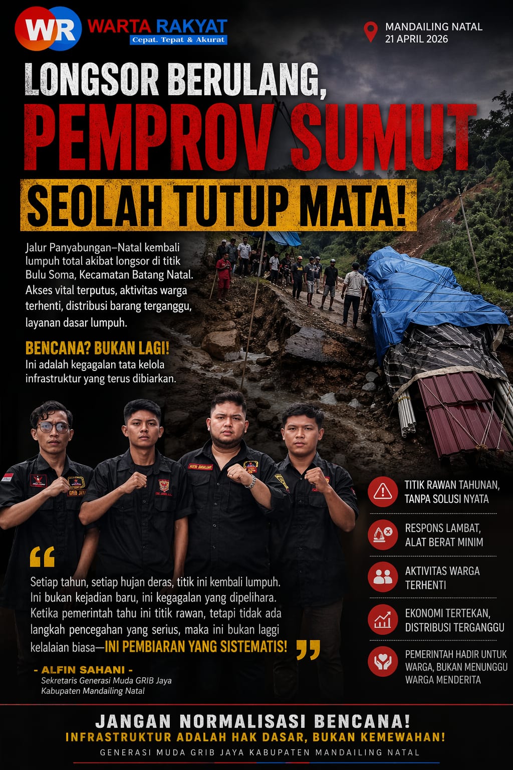 Longsor Berulang Lumpuhkan Jalur Vital, Pemprov Sumut Dituding Abai dan Gagal Lindungi Warga