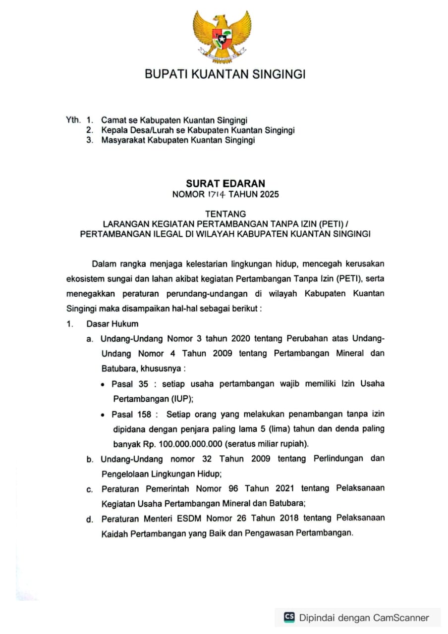 Bupati Kuansing Soroti Kebocoran SDA Rp2,4 Triliun Akibat PETI, Terbitkan Surat Edaran Larangan Tambang Ilegal