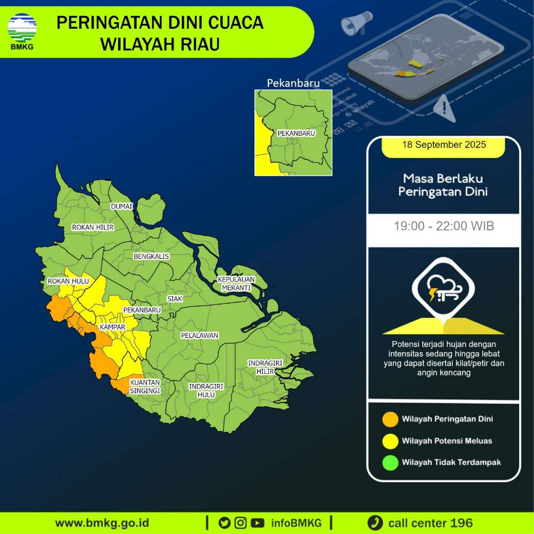 Awas! BMKG Riau Prediksi Hujan Lebat Disertai Petir dan Angin Kencang Malam Ini